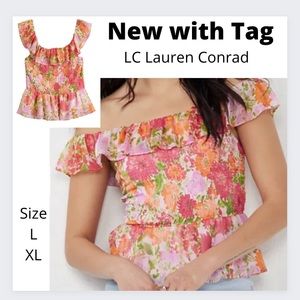 LC Lauren Conrad ruffle neck smocked floral top w/ metallic accents Size XL